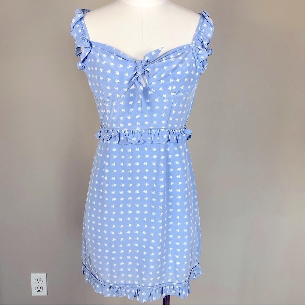 For Love & Lemons pastel blue heart print sweetheart neckline ruffle mini dress
